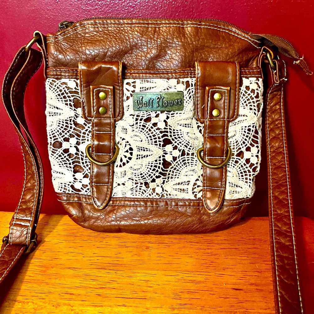 Vintage Y2k Wallflower Crossbody Purse with White lace faux brown Leather
